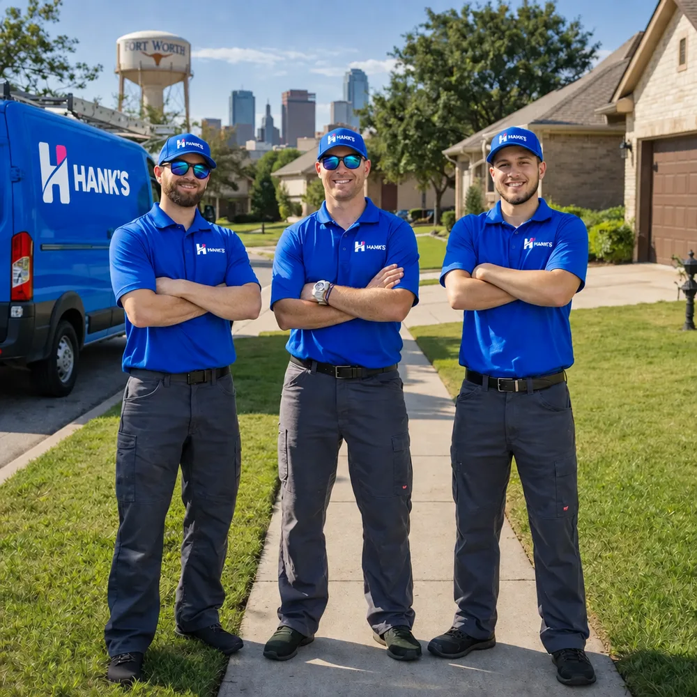 Hank's Carpet Cleaning technicians in branded uniforms beside a Hank's service van